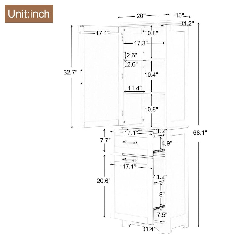 13 in. W x 20 in. D x 68.1 in. H Linen Cabinet with Two Different Size Drawers and Adjustable Shelf