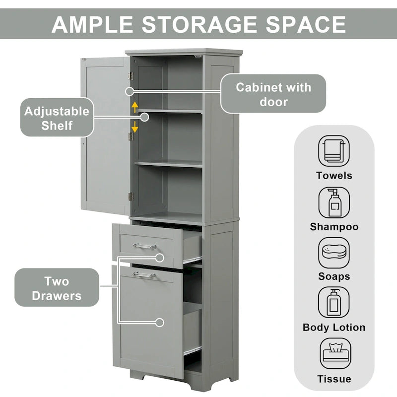 13 in. W x 20 in. D x 68.1 in. H Linen Cabinet with Two Different Size Drawers and Adjustable Shelf