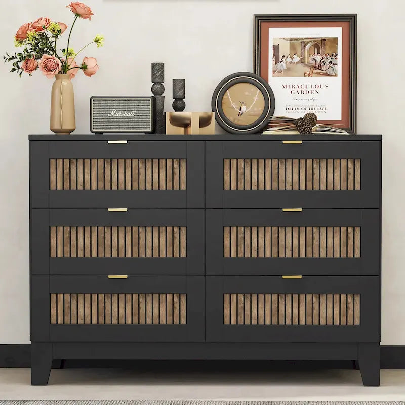 Rustic Farmhouse Style Wooden Dresser with 6 Drawers, Storage Cabinet for Bedroom with Metal Handles