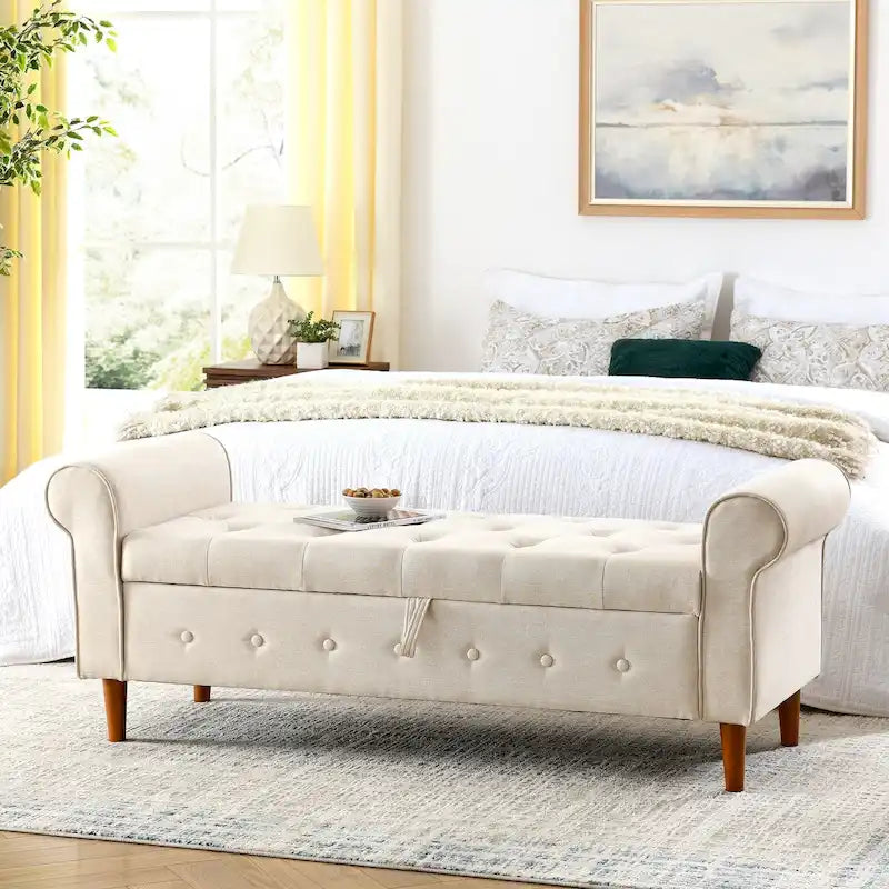 62 Bedroom Tufted Button Storage Bench, Modern Fabric Upholstered Ottoman,Window Bench,Rolled Arm Design for Bedroom