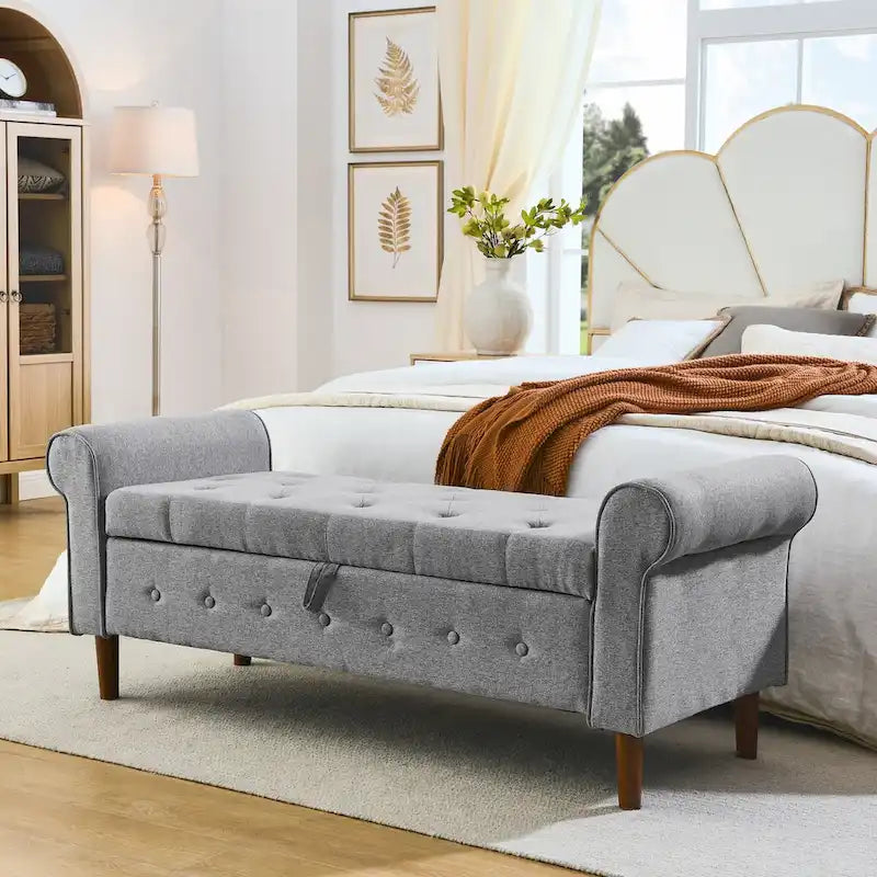 62 Bedroom Tufted Button Storage Bench, Modern Fabric Upholstered Ottoman,Window Bench,Rolled Arm Design for Bedroom