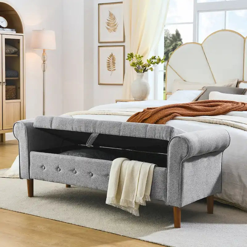 62 Bedroom Tufted Button Storage Bench, Modern Fabric Upholstered Ottoman,Window Bench,Rolled Arm Design for Bedroom