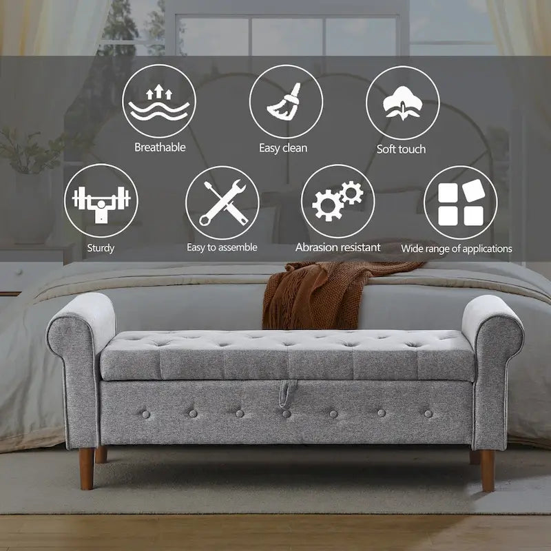 62 Bedroom Tufted Button Storage Bench, Modern Fabric Upholstered Ottoman,Window Bench,Rolled Arm Design for Bedroom
