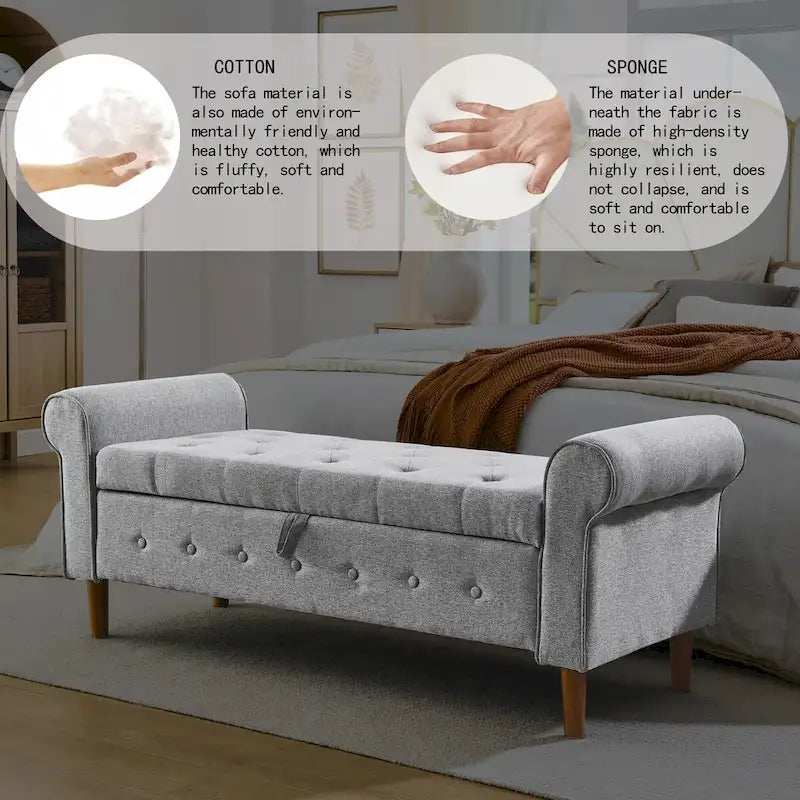 62 Bedroom Tufted Button Storage Bench, Modern Fabric Upholstered Ottoman,Window Bench,Rolled Arm Design for Bedroom
