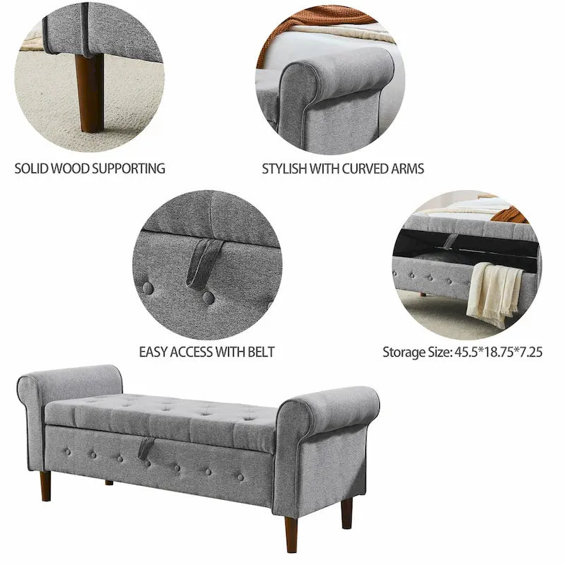 62 Bedroom Tufted Button Storage Bench, Modern Fabric Upholstered Ottoman,Window Bench,Rolled Arm Design for Bedroom