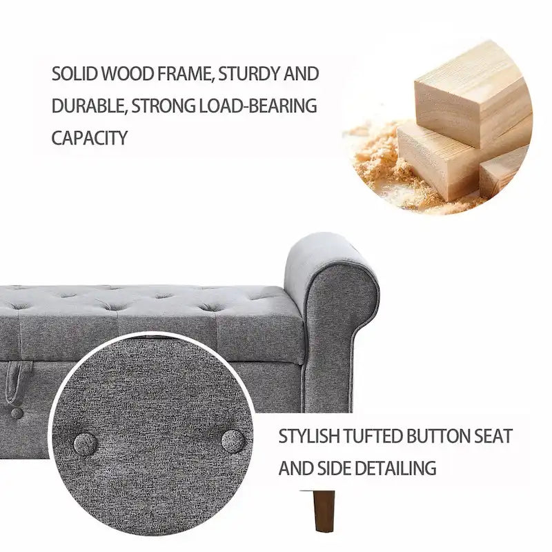 62 Bedroom Tufted Button Storage Bench, Modern Fabric Upholstered Ottoman,Window Bench,Rolled Arm Design for Bedroom