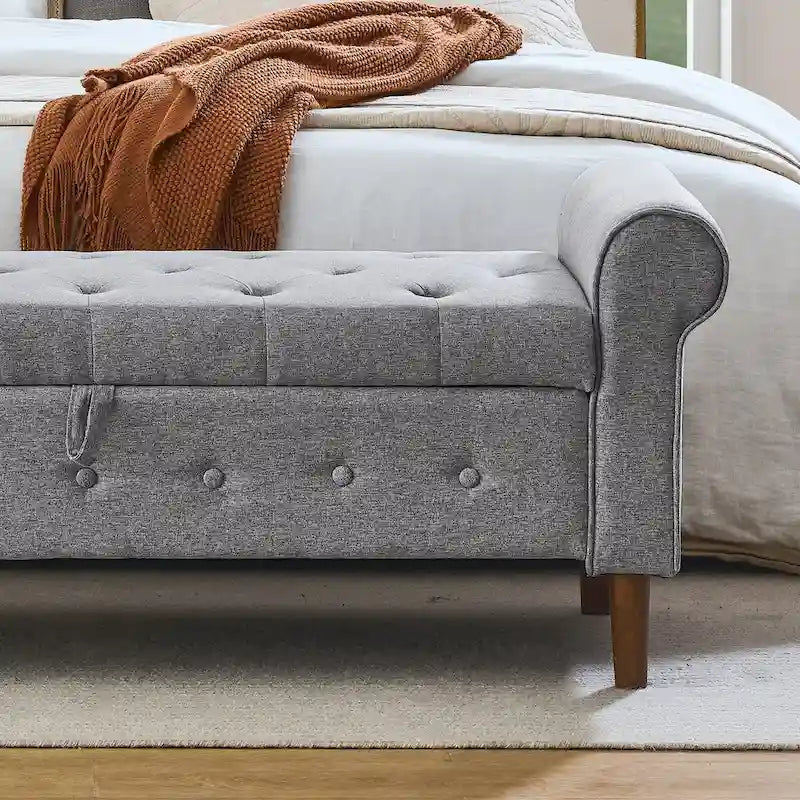 62 Bedroom Tufted Button Storage Bench, Modern Fabric Upholstered Ottoman,Window Bench,Rolled Arm Design for Bedroom