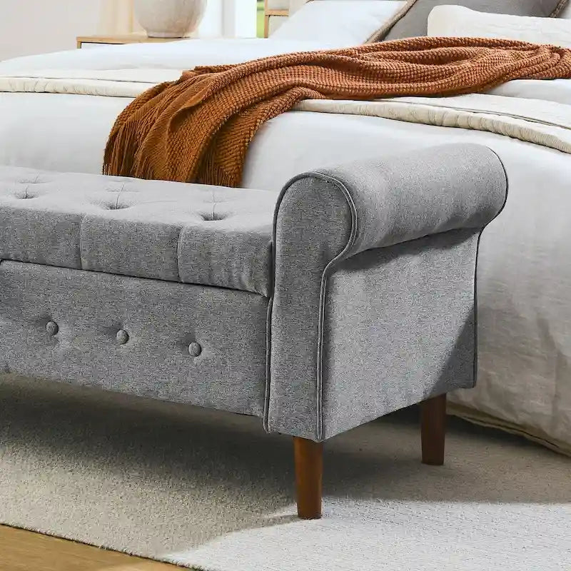62 Bedroom Tufted Button Storage Bench, Modern Fabric Upholstered Ottoman,Window Bench,Rolled Arm Design for Bedroom