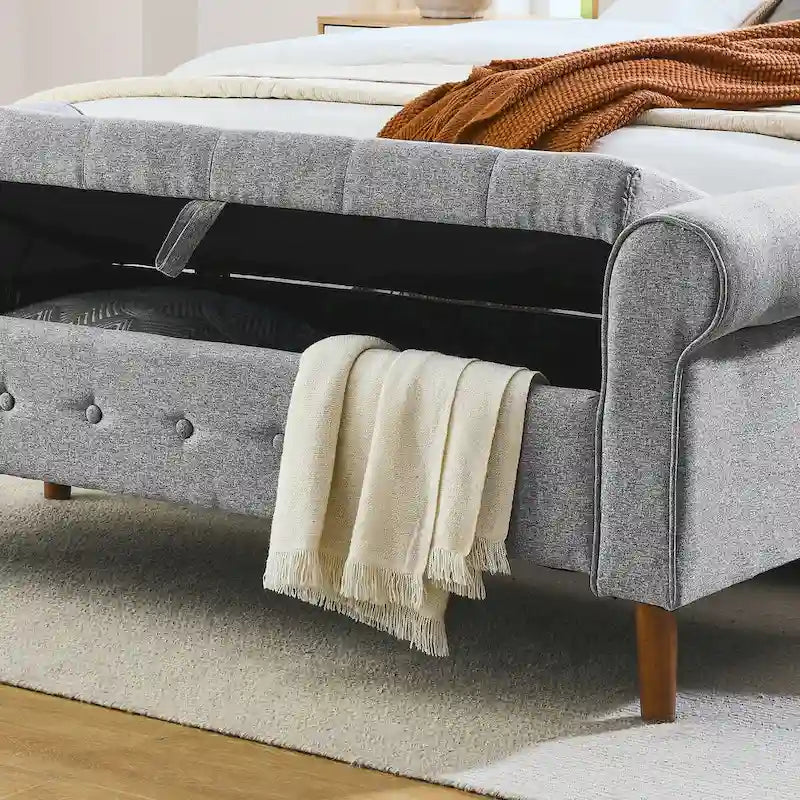 62 Bedroom Tufted Button Storage Bench, Modern Fabric Upholstered Ottoman,Window Bench,Rolled Arm Design for Bedroom