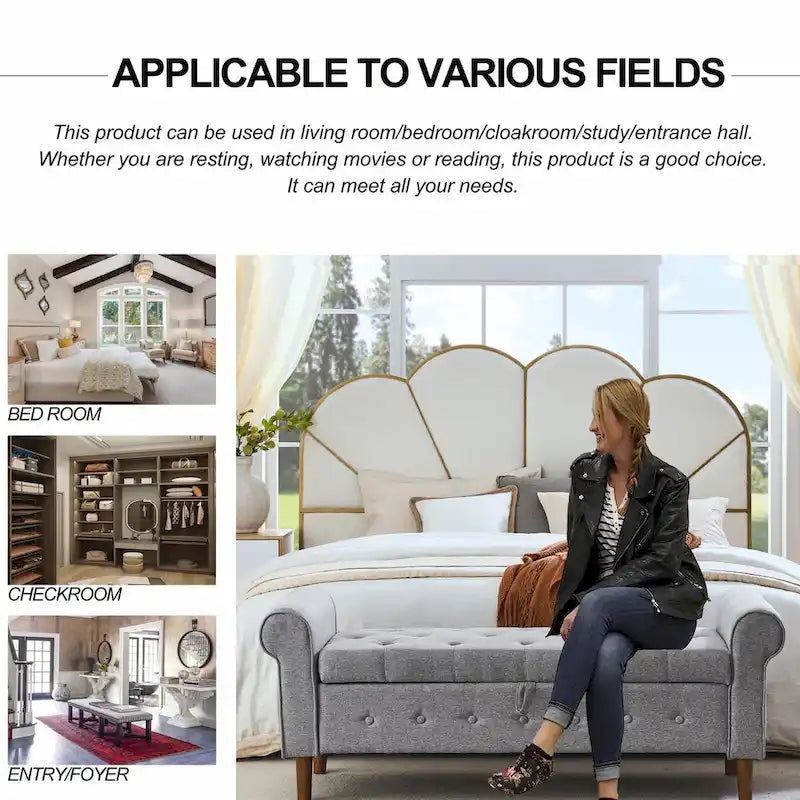 62 Bedroom Tufted Button Storage Bench, Modern Fabric Upholstered Ottoman,Window Bench,Rolled Arm Design for Bedroom