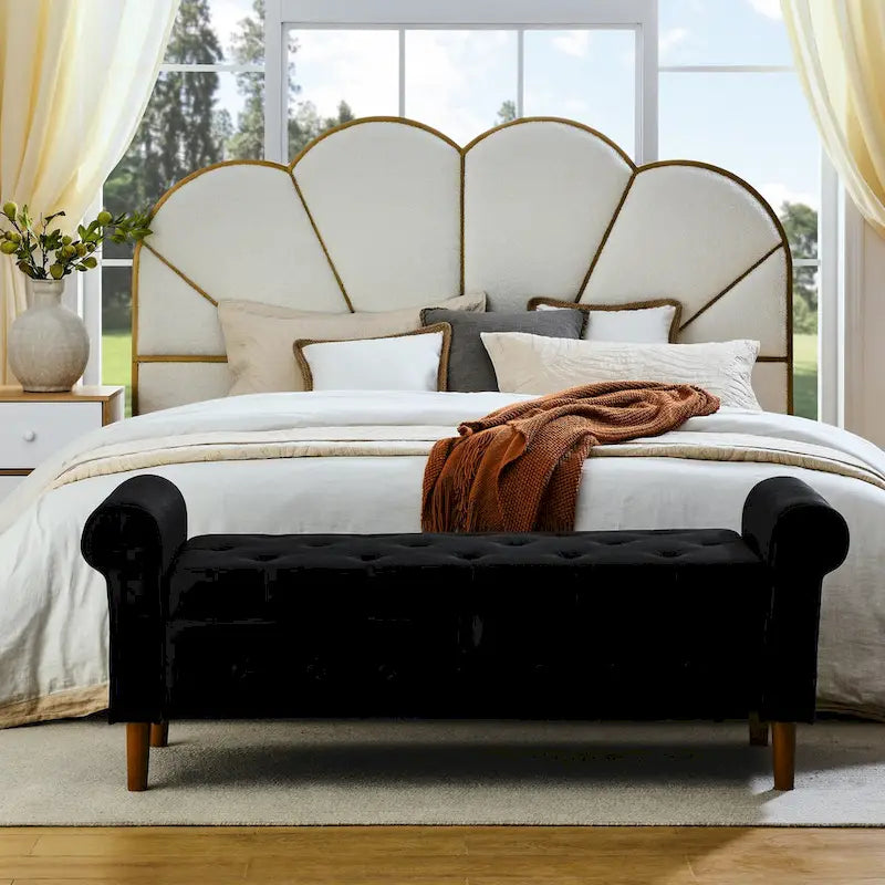 62 Bedroom Tufted Button Storage Bench, Modern Fabric Upholstered Ottoman,Window Bench,Rolled Arm Design for Bedroom