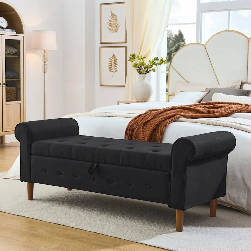 62 Bedroom Tufted Button Storage Bench, Modern Fabric Upholstered Ottoman,Window Bench,Rolled Arm Design for Bedroom