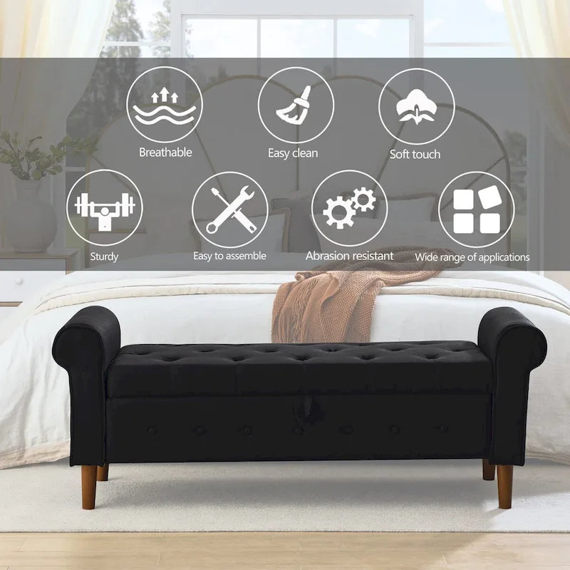 62 Bedroom Tufted Button Storage Bench, Modern Fabric Upholstered Ottoman,Window Bench,Rolled Arm Design for Bedroom