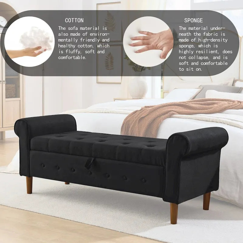 62 Bedroom Tufted Button Storage Bench, Modern Fabric Upholstered Ottoman,Window Bench,Rolled Arm Design for Bedroom