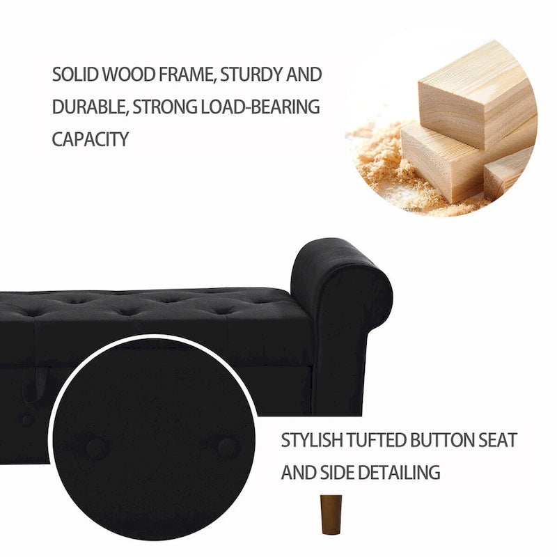 62 Bedroom Tufted Button Storage Bench, Modern Fabric Upholstered Ottoman,Window Bench,Rolled Arm Design for Bedroom