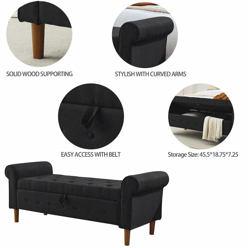 62 Bedroom Tufted Button Storage Bench, Modern Fabric Upholstered Ottoman,Window Bench,Rolled Arm Design for Bedroom