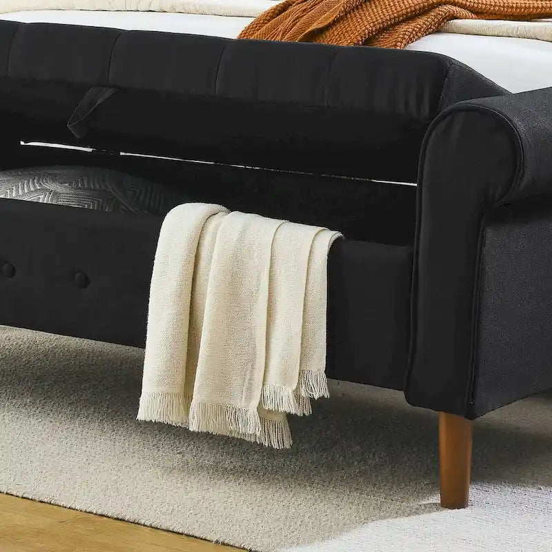 62 Bedroom Tufted Button Storage Bench, Modern Fabric Upholstered Ottoman,Window Bench,Rolled Arm Design for Bedroom
