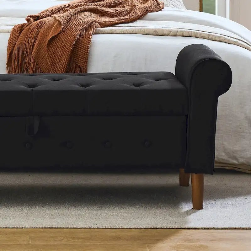 62 Bedroom Tufted Button Storage Bench, Modern Fabric Upholstered Ottoman,Window Bench,Rolled Arm Design for Bedroom