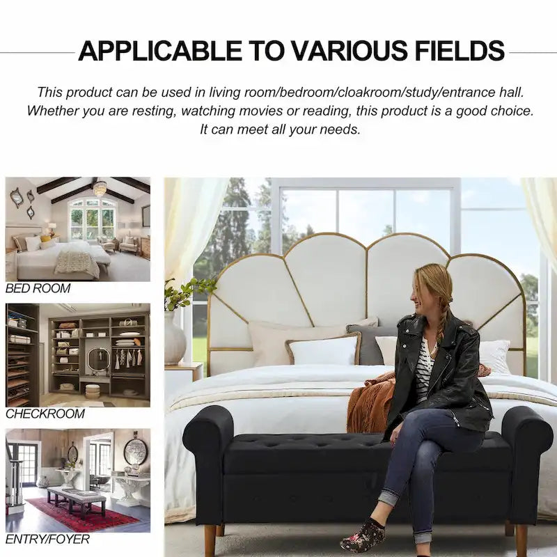 62 Bedroom Tufted Button Storage Bench, Modern Fabric Upholstered Ottoman,Window Bench,Rolled Arm Design for Bedroom