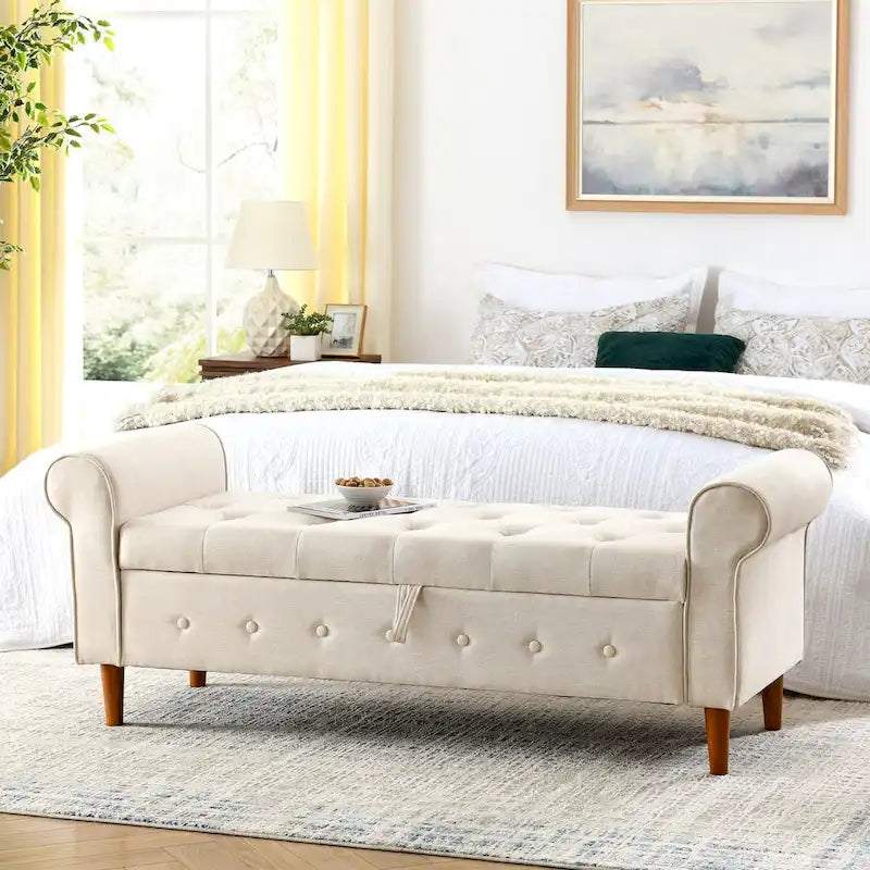 62 Bedroom Tufted Button Storage Bench, Modern Fabric Upholstered Ottoman,Window Bench,Rolled Arm Design for Bedroom