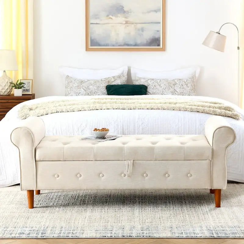 62 Bedroom Tufted Button Storage Bench, Modern Fabric Upholstered Ottoman,Window Bench,Rolled Arm Design for Bedroom
