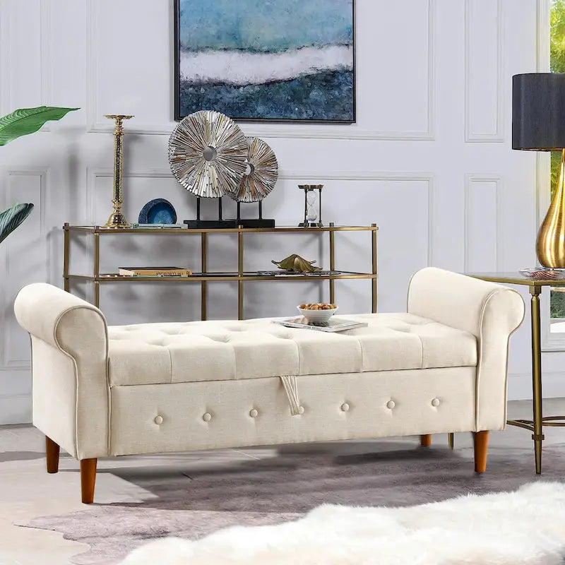62 Bedroom Tufted Button Storage Bench, Modern Fabric Upholstered Ottoman,Window Bench,Rolled Arm Design for Bedroom