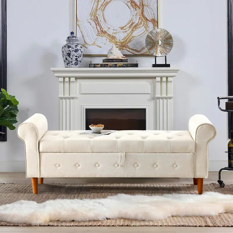 62 Bedroom Tufted Button Storage Bench, Modern Fabric Upholstered Ottoman,Window Bench,Rolled Arm Design for Bedroom