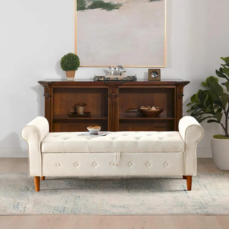 62 Bedroom Tufted Button Storage Bench, Modern Fabric Upholstered Ottoman,Window Bench,Rolled Arm Design for Bedroom