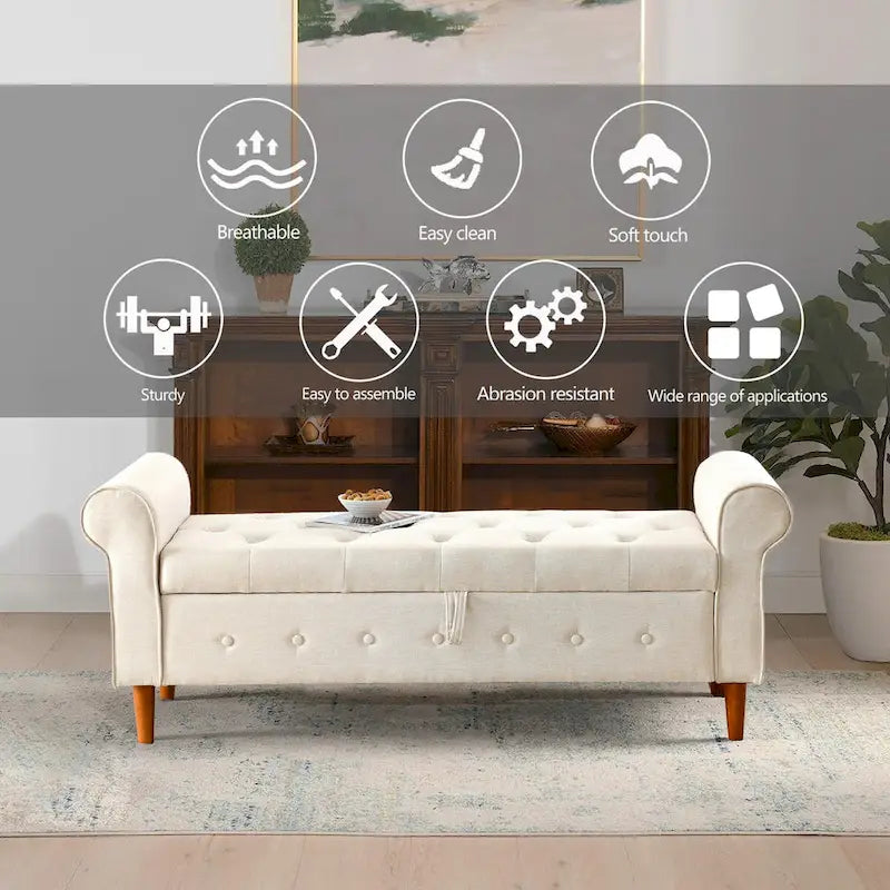 62 Bedroom Tufted Button Storage Bench, Modern Fabric Upholstered Ottoman,Window Bench,Rolled Arm Design for Bedroom