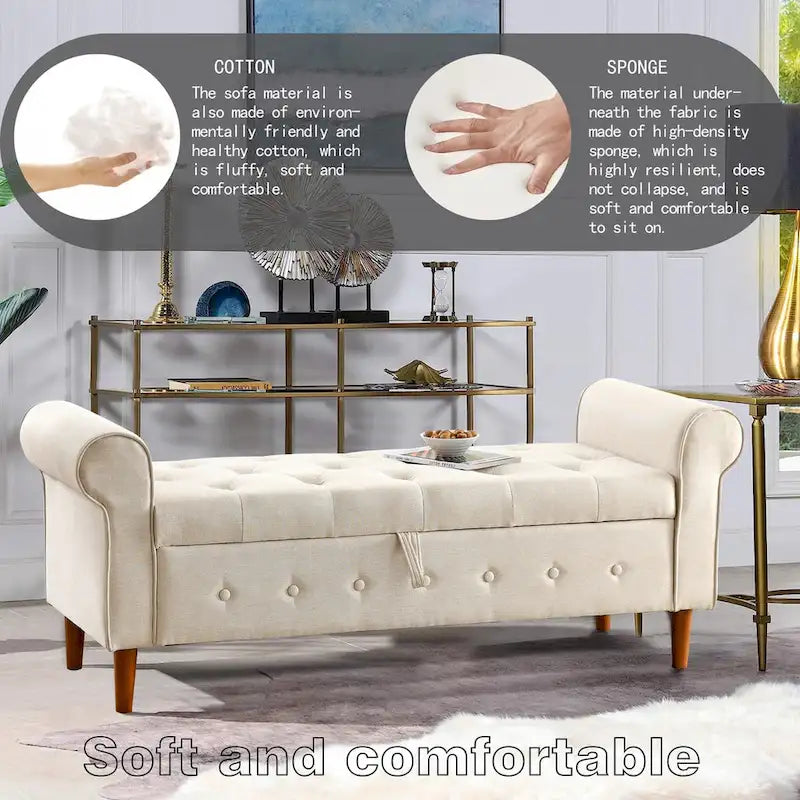 62 Bedroom Tufted Button Storage Bench, Modern Fabric Upholstered Ottoman,Window Bench,Rolled Arm Design for Bedroom