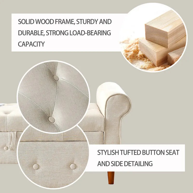 62 Bedroom Tufted Button Storage Bench, Modern Fabric Upholstered Ottoman,Window Bench,Rolled Arm Design for Bedroom